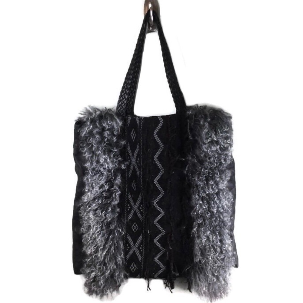 Claramonte Leather & Canvas Embroidered Boho Furry Fringe Woven Black Tote Bag